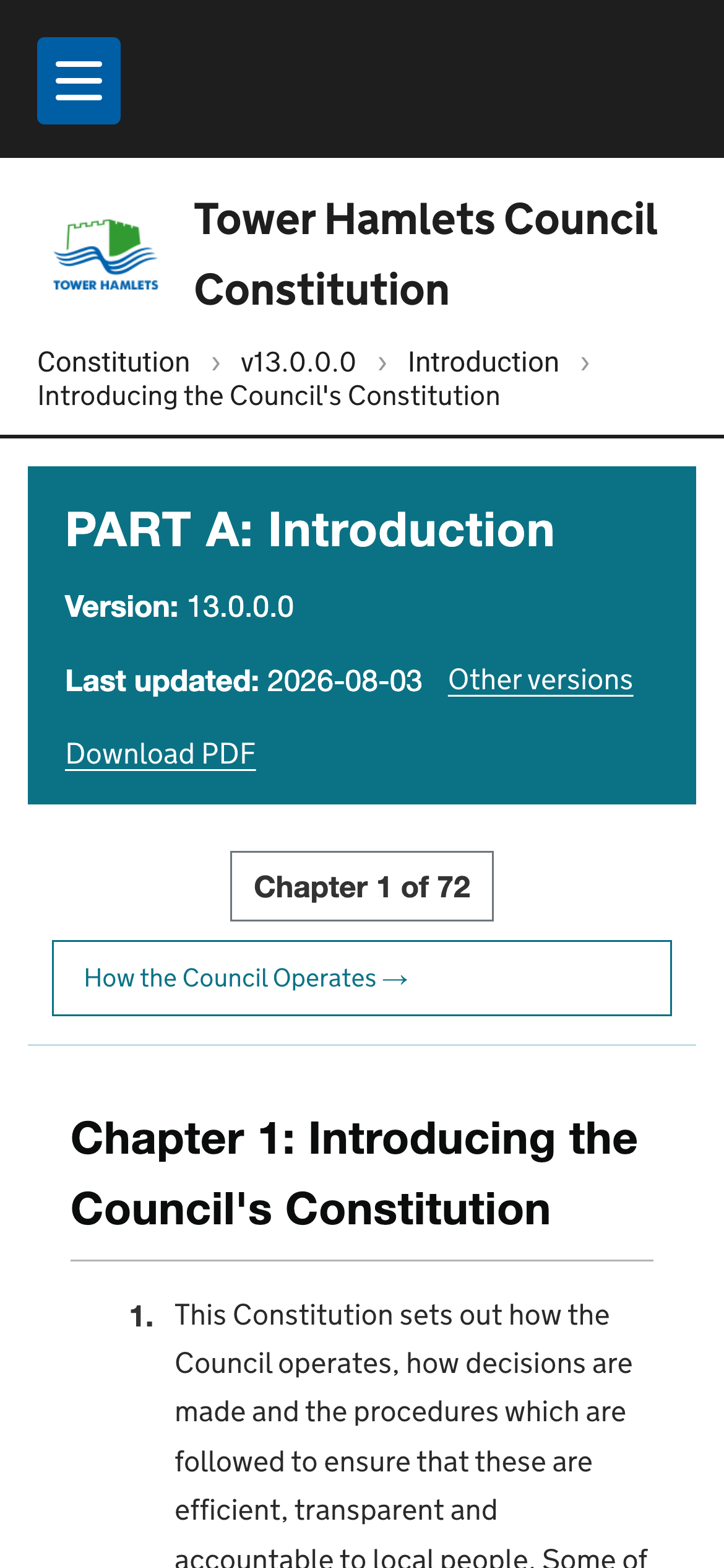 The same chapter on a phone: the council’s header, the Part A banner with version and PDF link, and the numbered paragraphs reflowed to a single column.