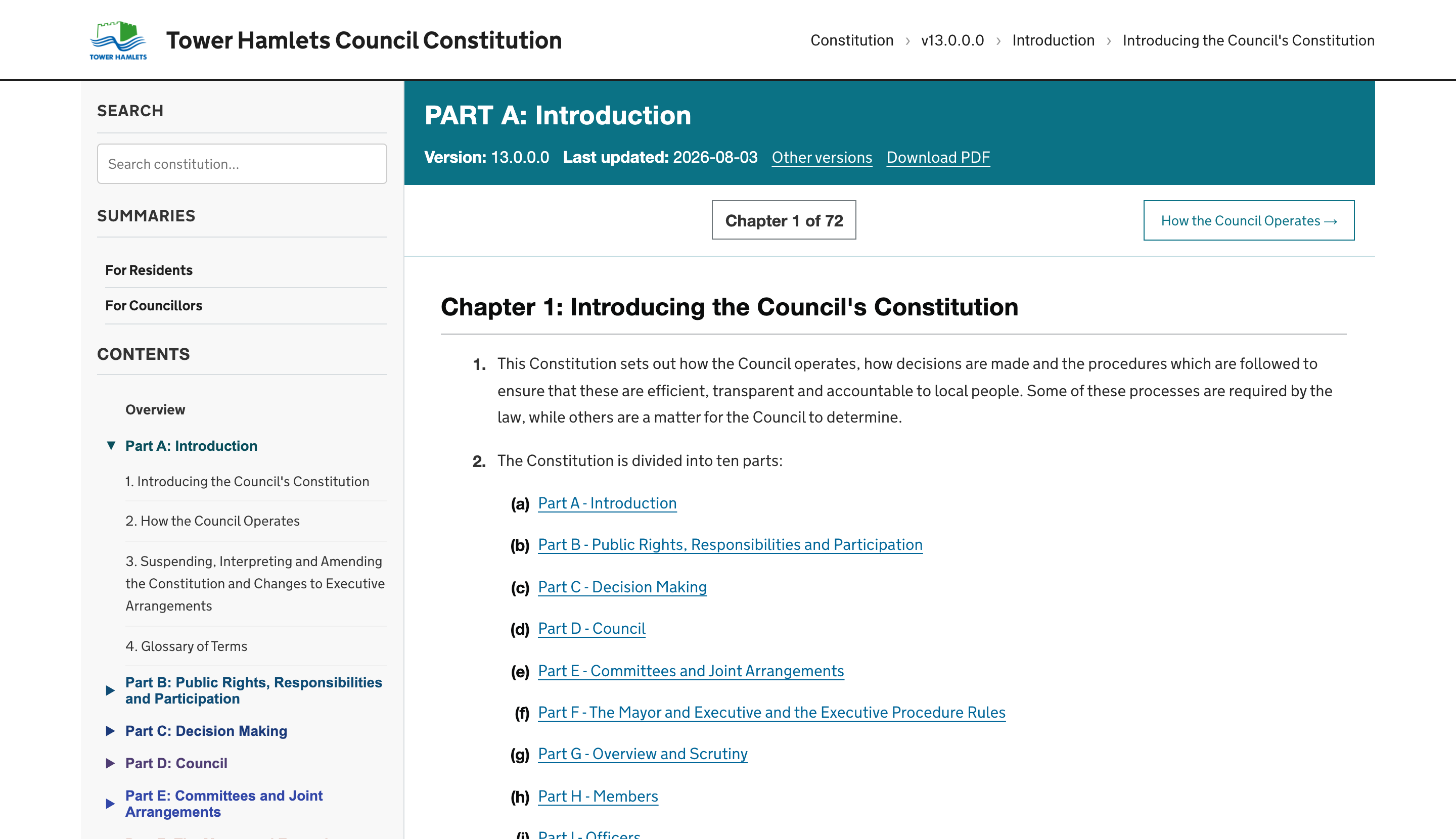 Tower Hamlets Council Constitution on a desktop browser: a left-hand column with search, summaries for residents and councillors, and the contents by Part; the main column showing Part A, Introduction, version 13.0.0.0, last updated 3 August 2026, links to other versions and a PDF download, and Chapter 1 of 72 with numbered paragraphs.